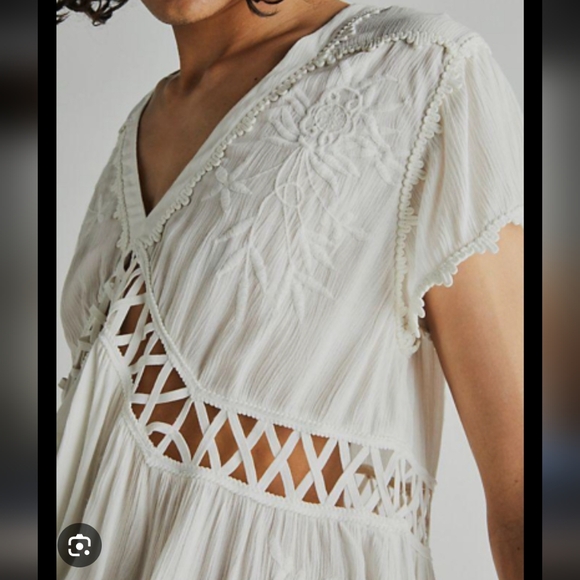 Free People Marissa Embroidered Cutout Ruffle Sleeve Mini Dress Oversize V-Neck - Picture 2 of 15